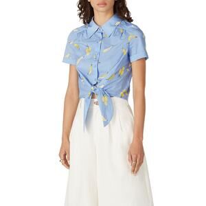 MILLY Blue Yellow Banana Printed Cotton Bonnie Tie Front Crop Top Size Medium